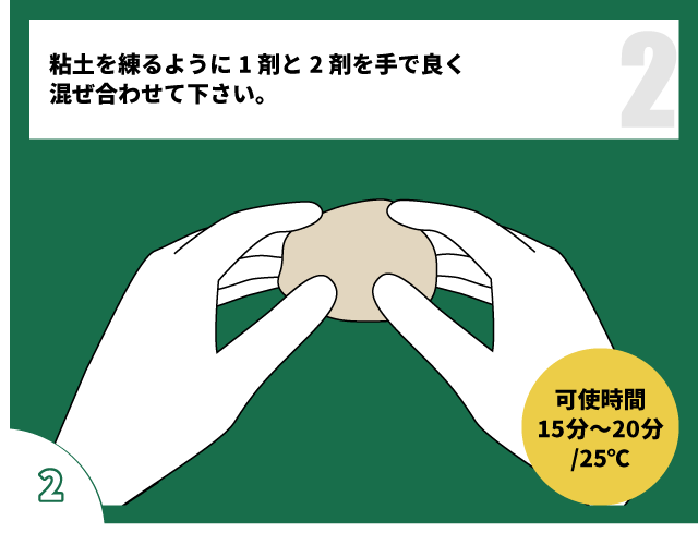 木工補修用2層式ウッドパテQuikWoodクイックウッド　使用方法2：粘土を練るように1剤と2剤を手で良く混ぜ合わせて下さい。 販売：八千代トレーディング株式会社