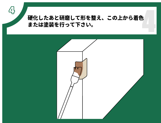 木工補修用2層式ウッドパテQuikWoodクイックウッド　使用方法4：硬化したあと研磨して形を整え、この上から着色または塗装を行って下さい。 販売：八千代トレーディング株式会社